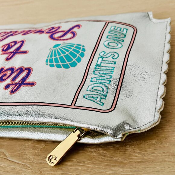 Charming Charlie "Ticket to Paradise" Silver Clutch Purse 13" x 7" / Whimsical - Picture 5 of 16